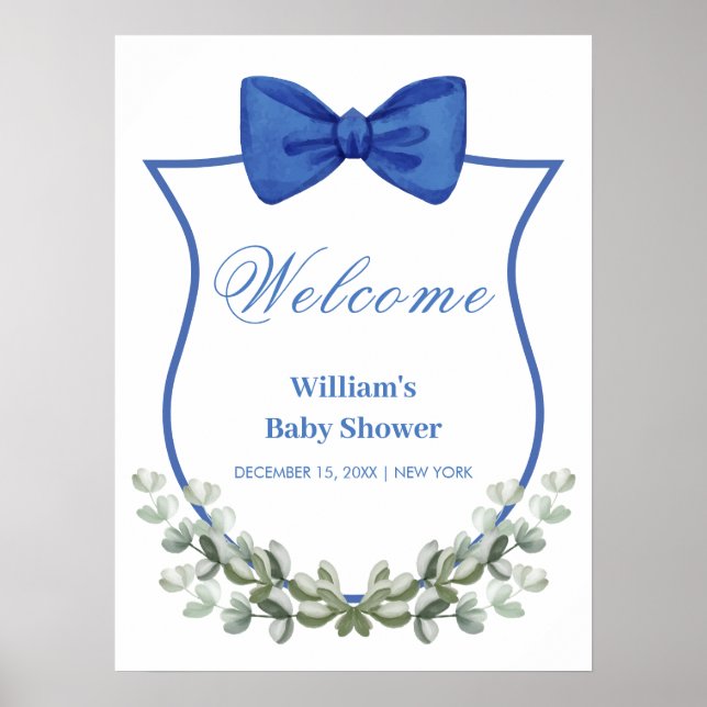 Blue Bow Eucalyptus Crest Baby Shower Welcome Poster (Front)