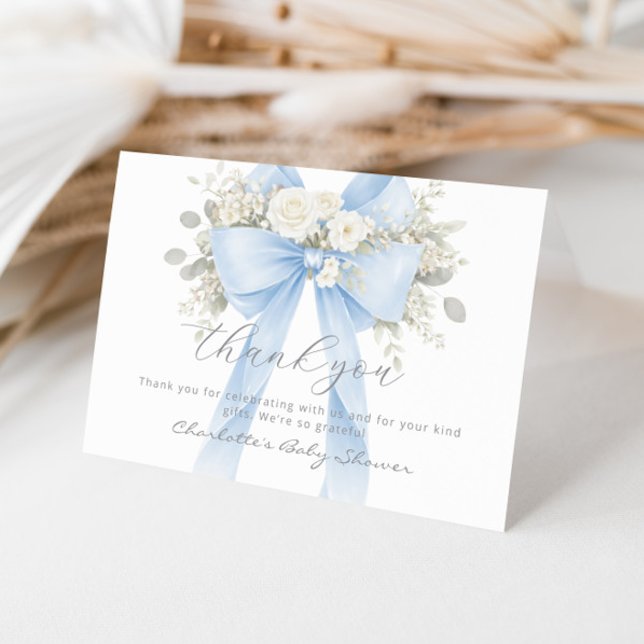 Blue Bow Floral Baby Boy Shower Thank You Card (Creator Uploaded)