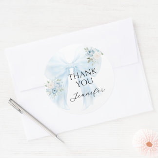 Blue Bow Floral Baby Boy Shower Thank You Classic Round Sticker