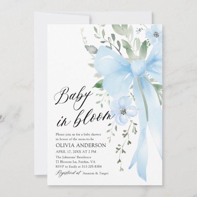 Blue Bow Floral Baby in Bloom Boy Baby Shower Invitation (Front)