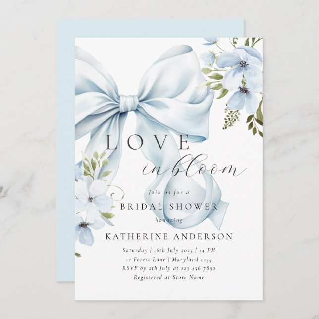 Blue Bow Floral Bridal Shower Invitation (Front/Back)