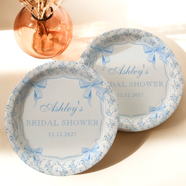 Blue Bow Floral Bridal Shower Paper Plate (Creator Uploaded)
