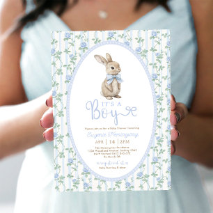 Blue Bow Floral Bunny Rabbit Boy Baby Shower Invitation