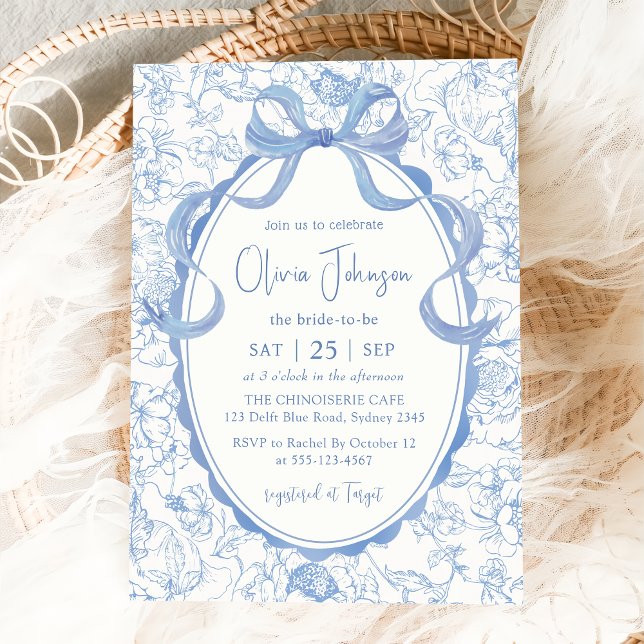 Blue Bow Floral Chinoiserie Bridal Shower Invitation (Creator Uploaded)