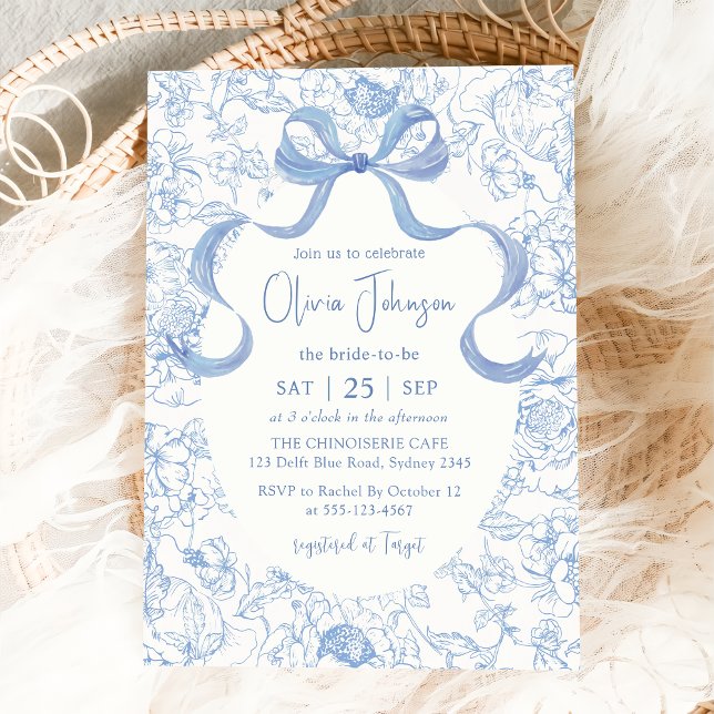 Blue Bow Floral Chinoiserie Bridal Shower Invitation (Creator Uploaded)