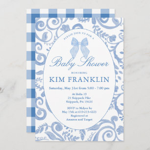 Blue Bow Floral Coquette Gingham Boy Baby Shower Invitation