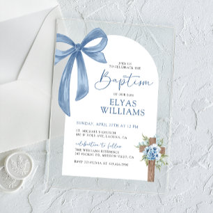 Blue Bow Floral Cross Boy Baptism & Christening Acrylic Invitations