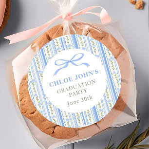 Blue Bow Floral Graduation Classic Round Sticker