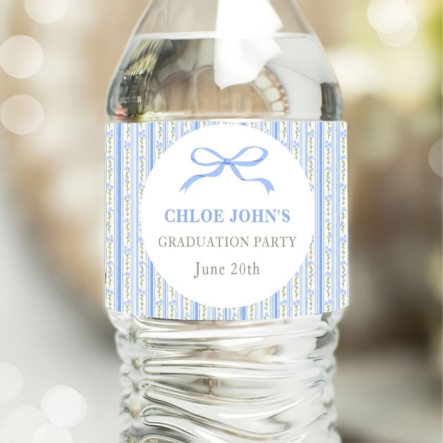 Blue Bow Floral Graduation Water Bottle Label (Creator Uploaded)