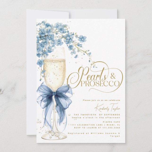 Blue Bow Floral Pearls & Prosecco Bridal Shower Invitation (Front)