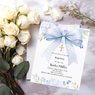 Blue bow florals boy Baptism invitation