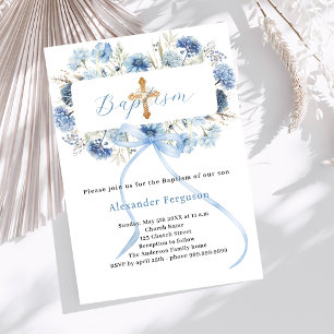Blue bow florals boy cross baptism invitation