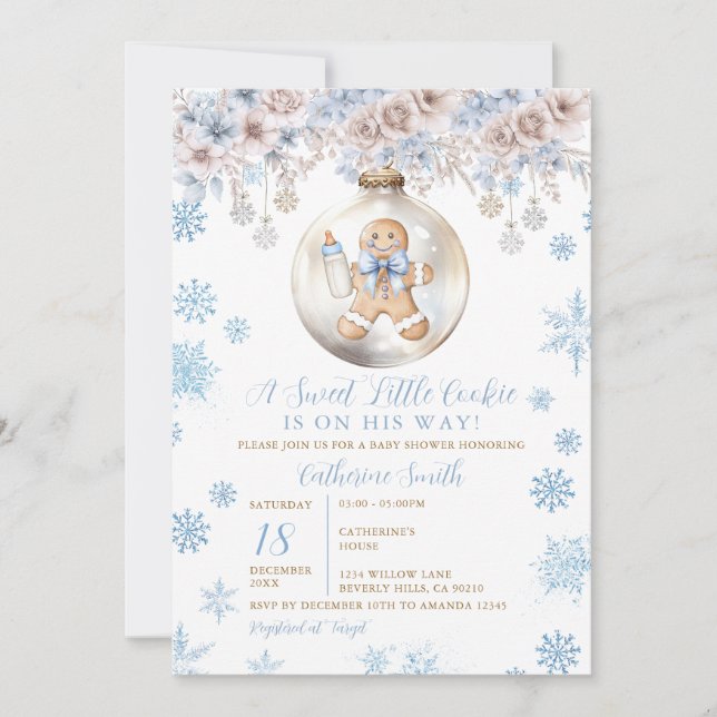 Blue Bow Gingerbread Christmas Cookies Baby Shower Invitation (Front)