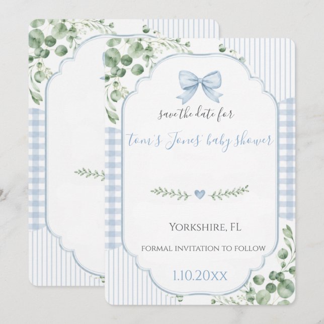 Blue Bow Gingham Baby Shower Save the Date (Front/Back)