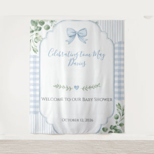 Blue Bow Gingham Greenery Baby Shower Backdrop Tapestry