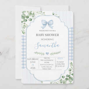 Blue Bow Gingham Greenery Boy Baby Shower Invitation