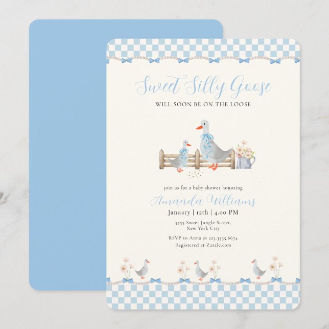 Blue Bow Gingham Preppy Silly Goose Baby Shower Invitation (Front/Back)