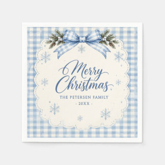Blue Bow Gingham Teddy Bear Christmas Party Napkin