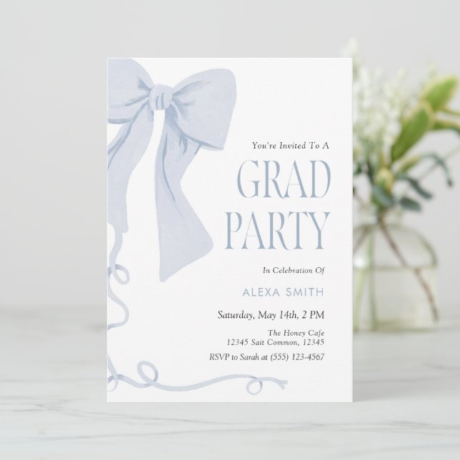 Blue Bow Graduation Preppy Classic  Invitation (Standing Front)