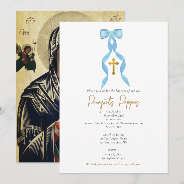 Blue Bow Greek Orthodox Christening Boy Baptism Invitation (Front/Back)