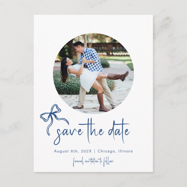 Blue Bow hand drawn save the date photo postcard (Front)