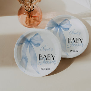 Blue Bow Hand Drawn Script Baby Boy Shower  Paper Plate