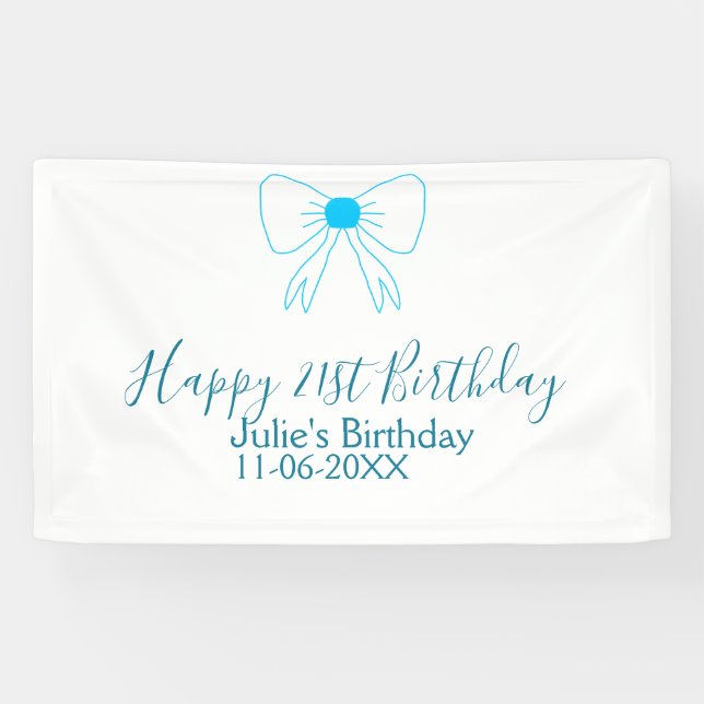 Blue bow happy 21st birthday name date girlstylish banner (Horizontal)