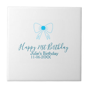 Blue bow happy 21st birthday name date girlstylish ceramic tile