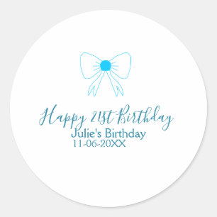 Blue bow happy 21st birthday name date girlstylish classic round sticker