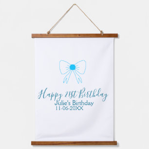 Blue bow happy 21st birthday name date girlstylish hanging tapestry