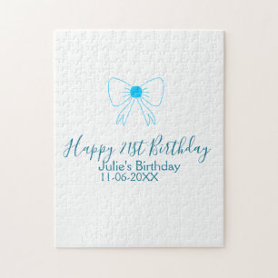 Blue bow happy 21st birthday name date girlstylish jigsaw puzzle
