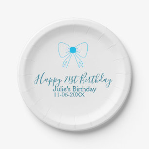 Blue bow happy 21st birthday name date girlstylish paper plate