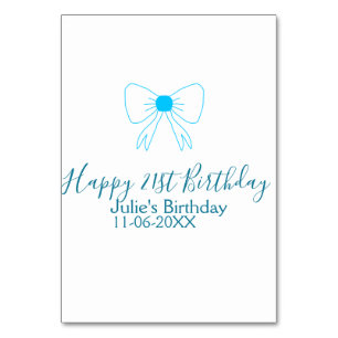 Blue bow happy 21st birthday name date girlstylish table number
