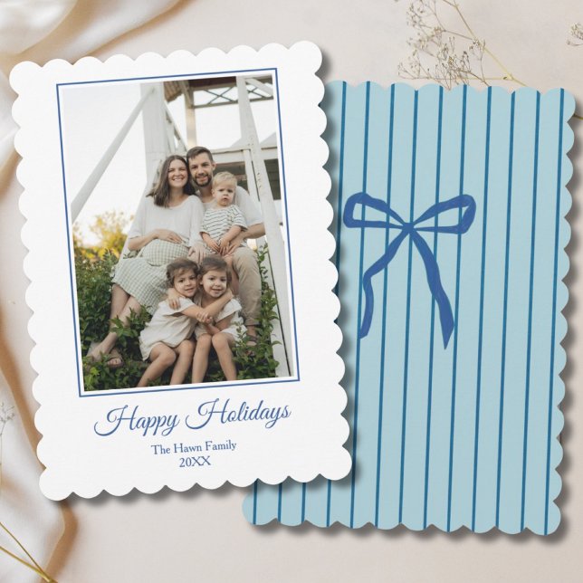 Blue Bow Happy Holidays Preppy One Photo  Holiday Card (Creator Uploaded)