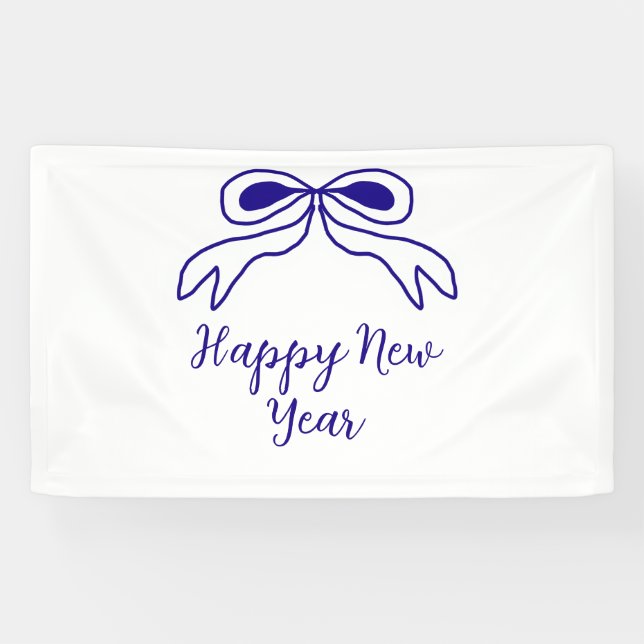 Blue bow happy new year name date simple minimal  banner (Horizontal)