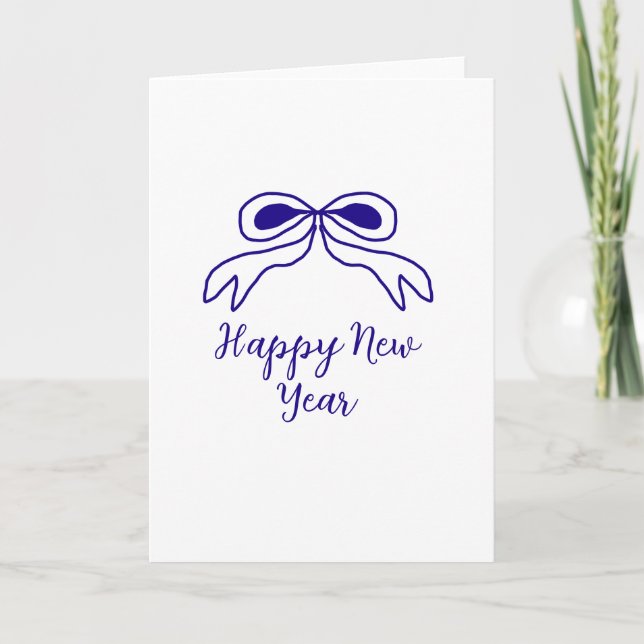 Blue bow happy new year name date simple minimal  card (Front)