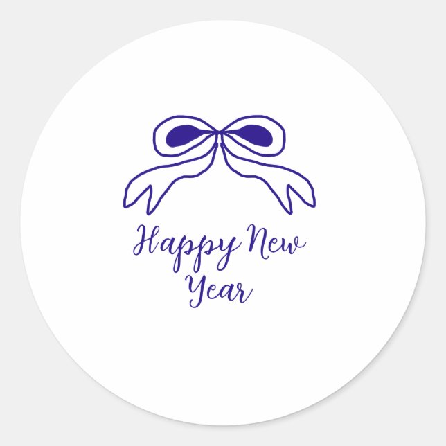Blue bow happy new year name date simple minimal  classic round sticker (Front)