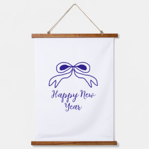 Blue bow happy new year name date simple minimal hanging tapestry