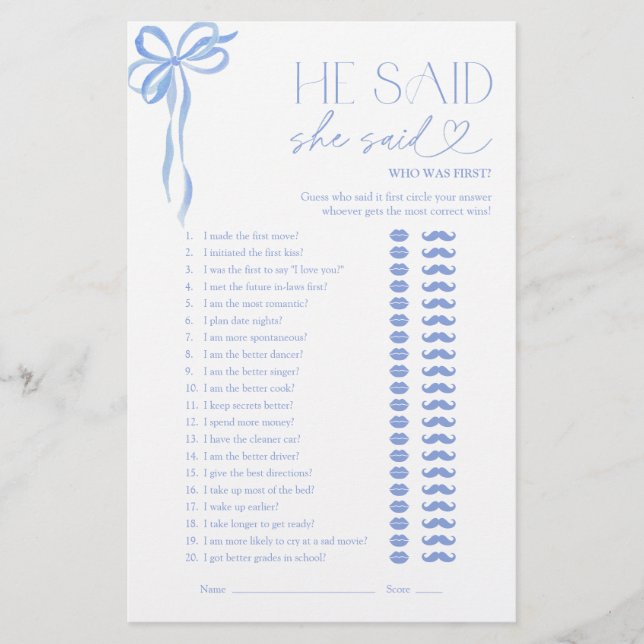 Blue Bow He Said She Said Bridal Shower Game (Front)