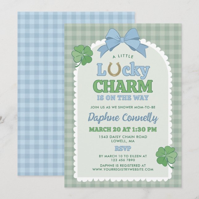 Blue Bow Horseshoe Lucky Charm Boy Baby Shower Invitation (Front/Back)