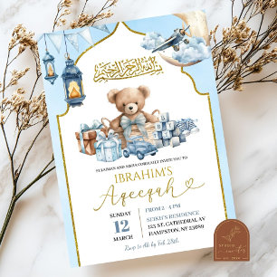 Blue Bow Islamic Aqeeqah Bear Baby Announcement