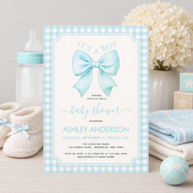 Blue Bow It's a Boy Baby Shower Gingham Plaid Invitation (Creator Uploaded)