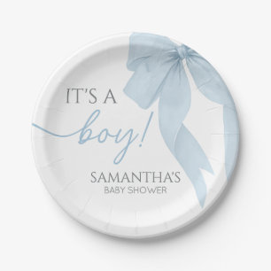 Blue Bow Its A Boy Baby Shower Paper Plate
