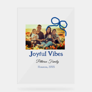 Blue bow joyful Vibes add family name photo christ Acrylic Sign