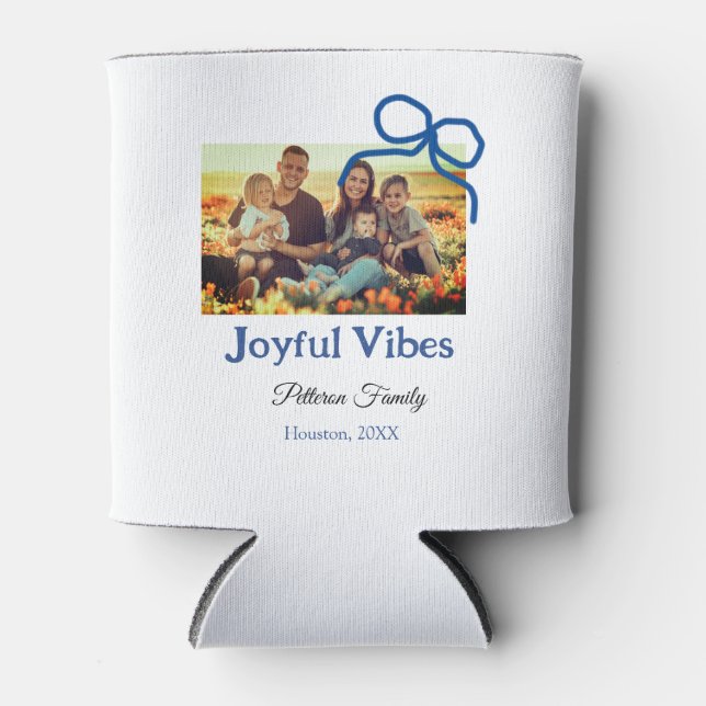 Blue bow joyful Vibes add family name photo christ Can Cooler (Front)