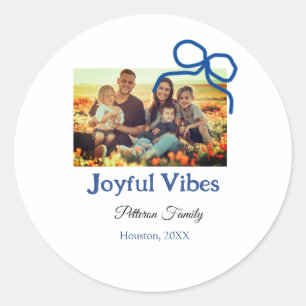Blue bow joyful Vibes add family name photo christ Classic Round Sticker