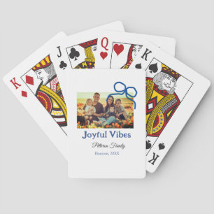 Blue bow joyful Vibes add family name photo christ Playing Cards