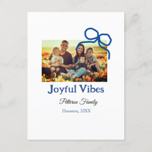 Blue bow joyful Vibes add family name photo christ Postcard