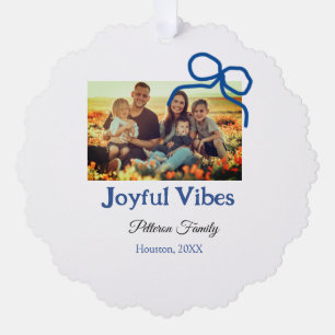 Blue bow joyful Vibes add family name photo christ Tree Decoration Card