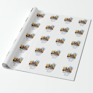 Blue bow joyful Vibes add family name photo christ Wrapping Paper